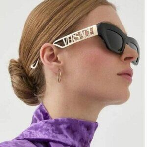 Versace Sunglasses VE4432  GB1/87 Black Gold Spell Out logo Cat Eye Designer NEW